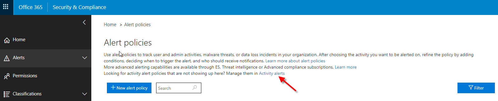 Activitiy Alerts 'Alert Policies' Screenshot