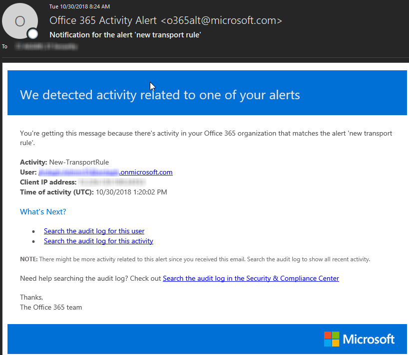 Activity Alerts Screenshot of Office 365 Activity Alert 