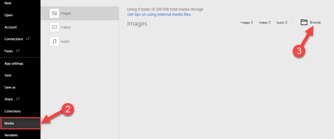 file, media and browse to upload images