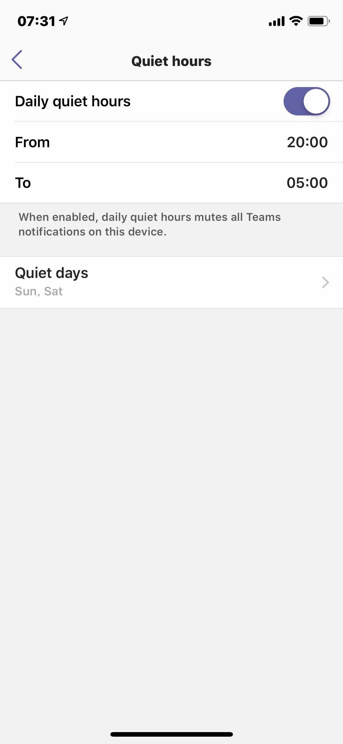 Teams Mobile Client Quiet Hours
