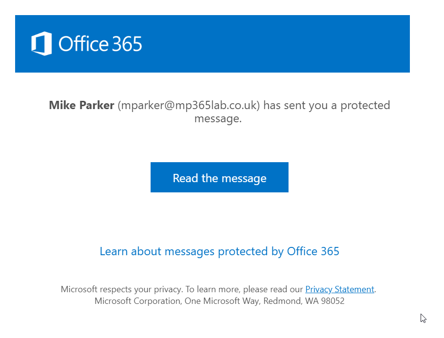 Office 365 Message Encryption screenshot