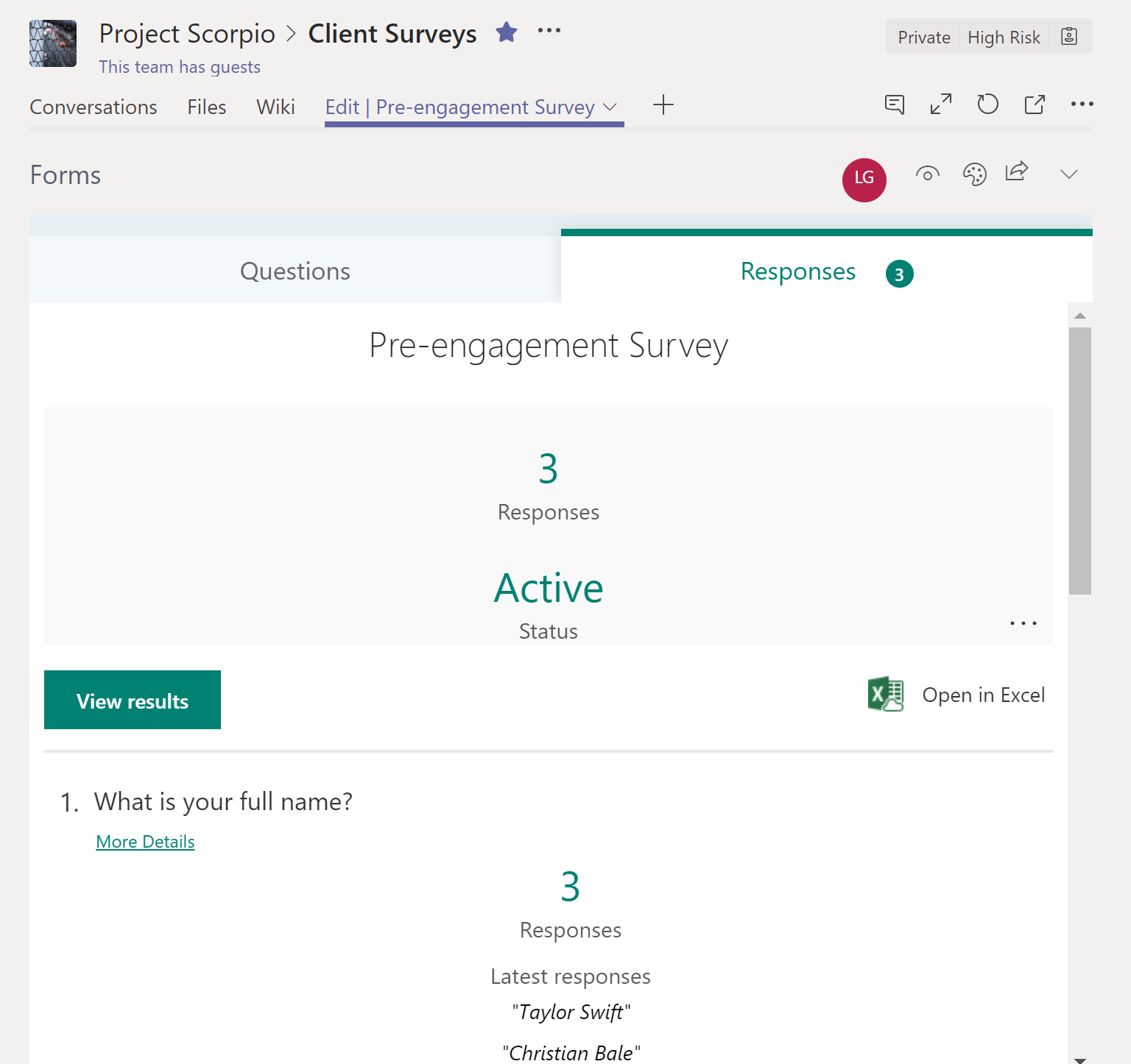 Pre-engagement survey responses on Microsoft Teams