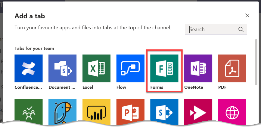 Select Microsoft Forms on the 'Add a Tab' section