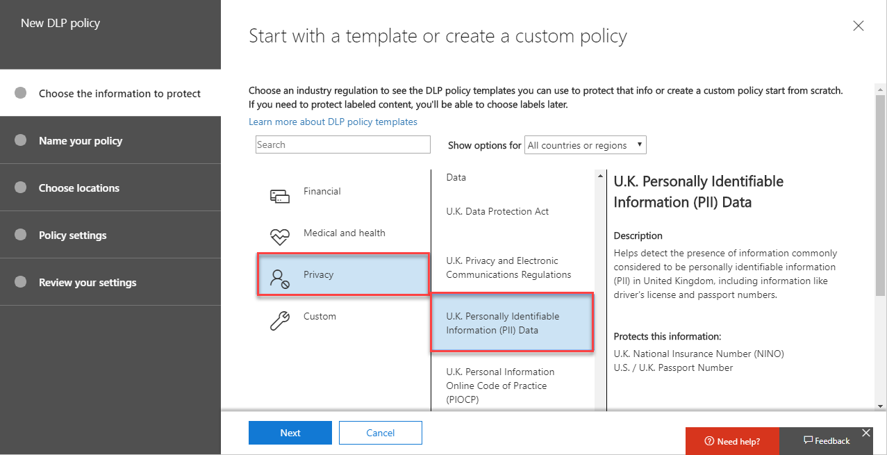 Start with a template or create a custom policy