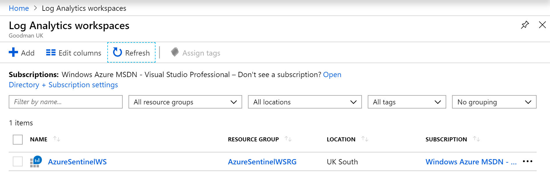 Azure Sentinel WS in Azure Portal
