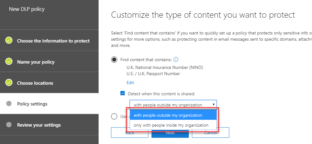 Customise the type of content you want to apply data loss prevention to