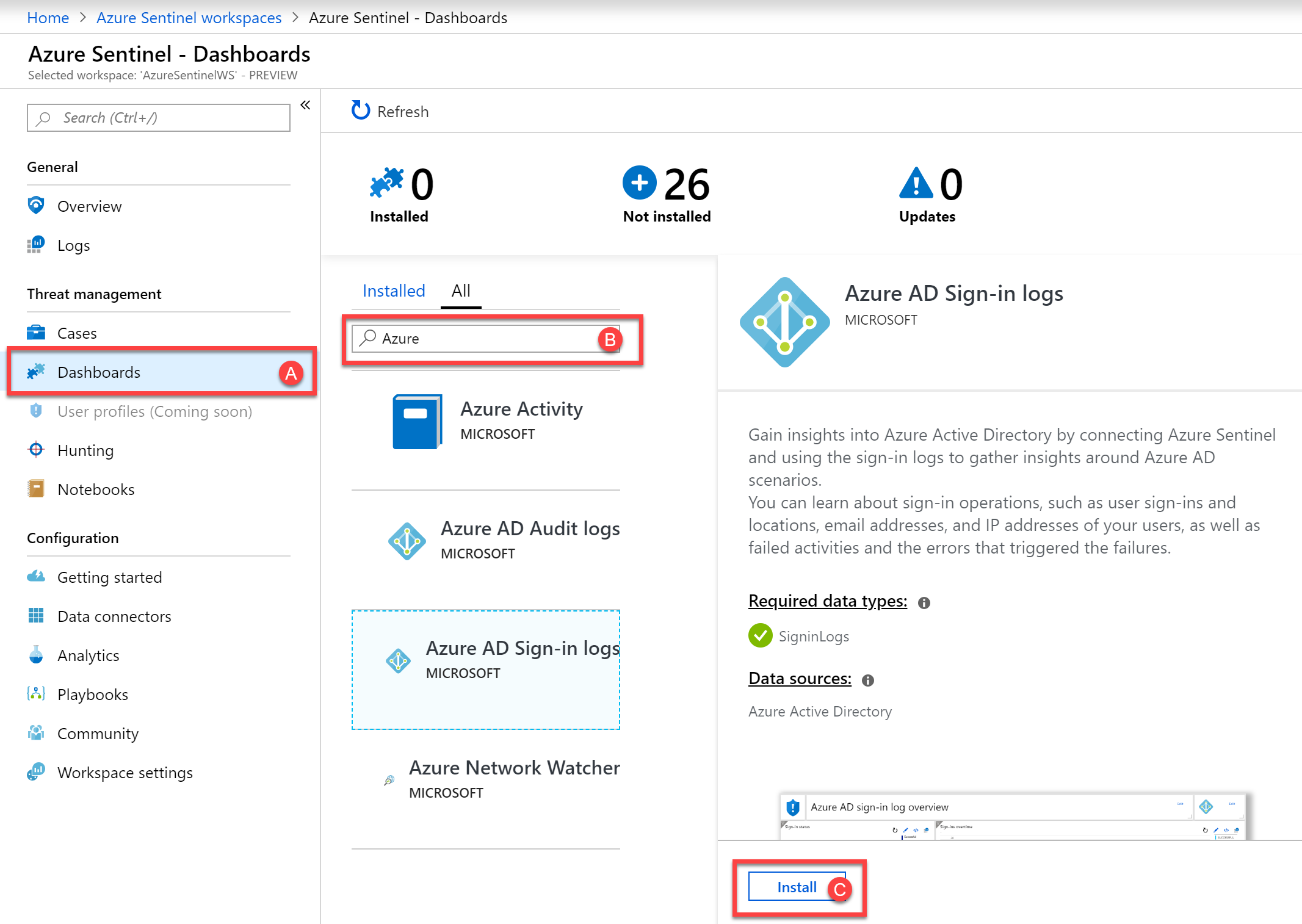 Install the relevant Azure Sentinel Dashboards
