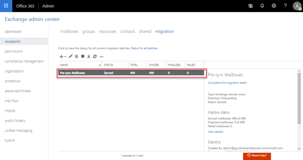 Exchange admin center for selecting which mailboxes to move