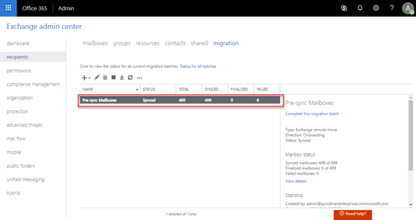 Exchange admin center for selecting which mailboxes to move
