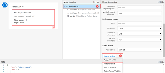 Adaptive card, add an action