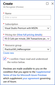 Create F0 account for Azure Ink Recognizer