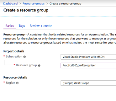 Step one in creating the Azure Ink Recognizer service