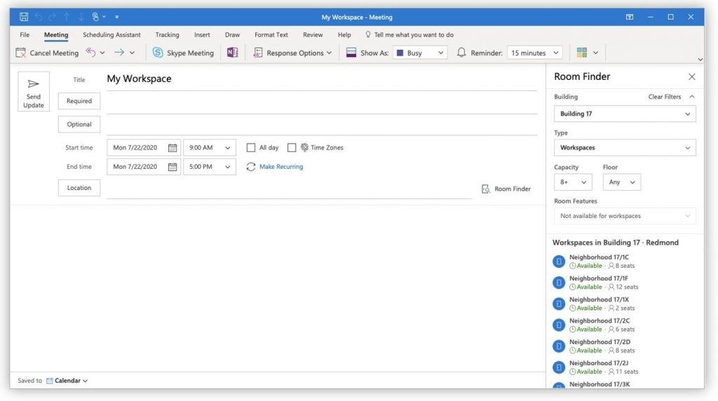 Workspace Booking comes to Outlook