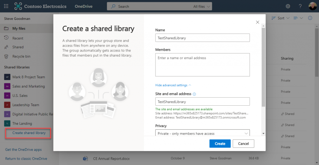 Option to “Create shared library” appears in OneDrive