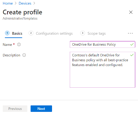 Create new Intune configuration create profile