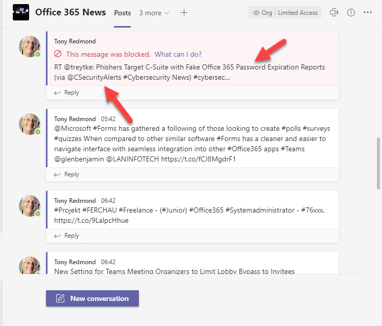 Tweets posted in Teams are blocked because they match the password definition