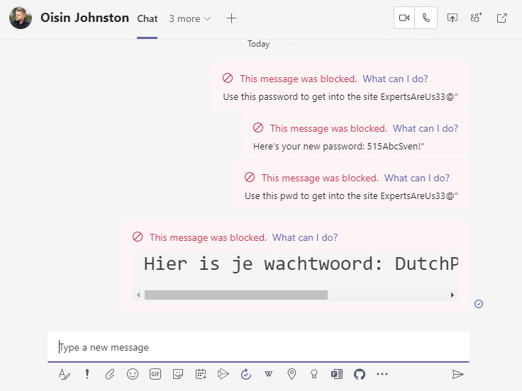 Passwords blocked in a Teams chat