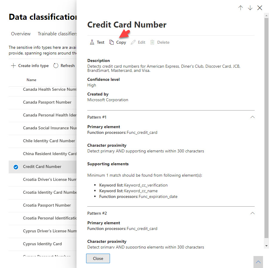 Copying the sensitive information type for a credit card number