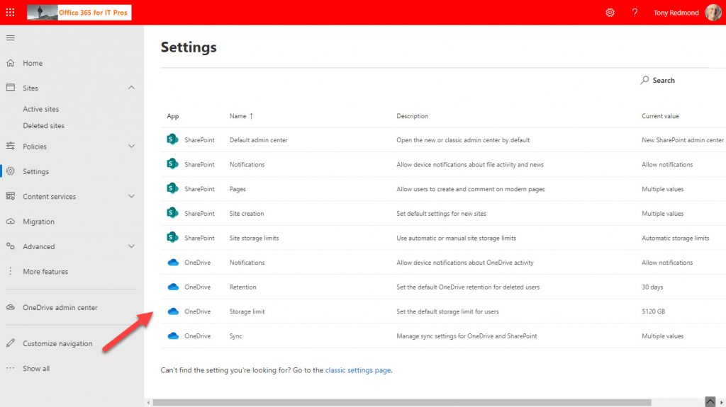 OneDrive for Business settings in the SharePoint Online admin center